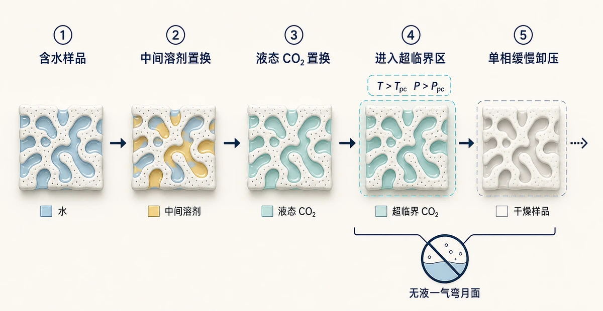 含水样品经中间溶剂与液态CO₂置换后超临界干燥的五步路径