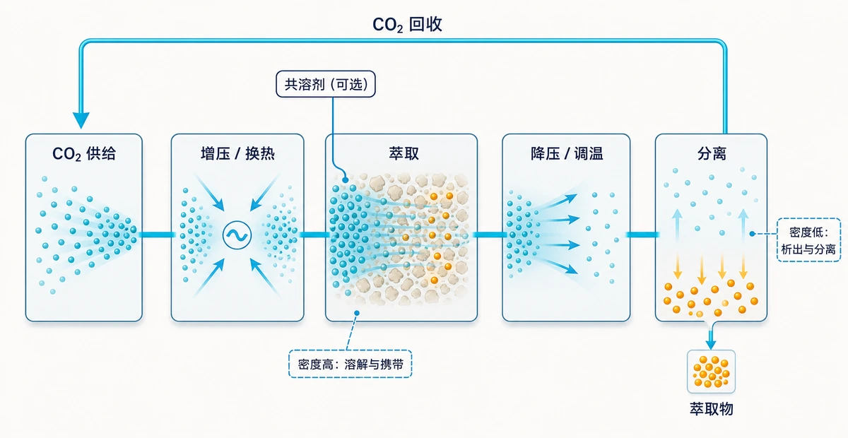 超临界CO₂萃取、降压分离与CO₂回收功能单元示意图